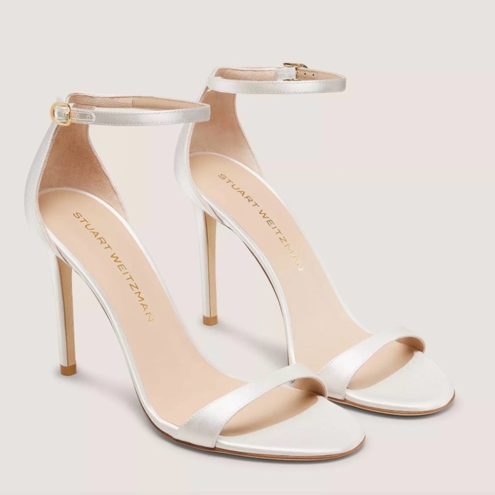 Stuart Weitzman Satin Open-Toe Heels in cream 7.5